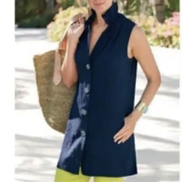 NWOT Soft Surroundings‎ Button Front Navy Blue Crinkle Tunic Top Shirt Sz SMALL - Picture 1 of 5